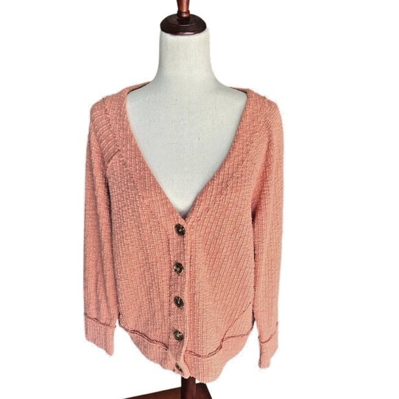 Cardigan Sweater XL Distressed Raw Edge LS Cotton Two by Vince Camuto Salmon - Picture 1 of 10
